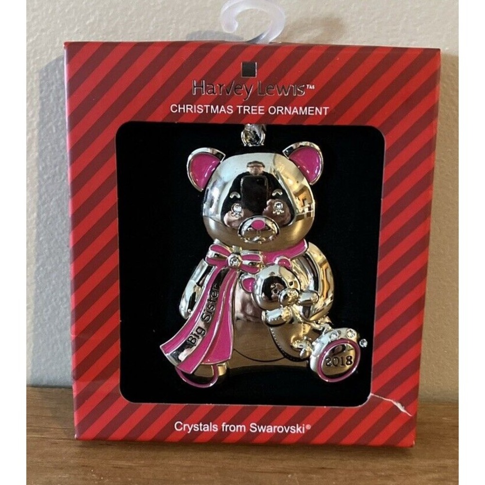 Harvey Lewis 2018 BIG SISTER Ornament Pink Silvertone Metal & Swarovski Crystals